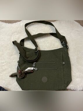 Kipling Olive Green Crossbody Messenger Bag with Monkey Charm